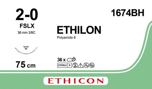 Ethicon ETHILON Black Monofilament Non - Absorbable Surgical Suture USP 2 - 0 30 in (75 cm) Black FSLX Reverse Cutting Needle 19 mm 3/8 Circle 1674BH (Box of 36) - 1674BH