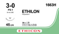 Ethicon ETHILON Black Monofilament Non - Absorbable Surgical Suture USP 3 - 0 18 in (45 cm) Black PS - 1 Prime Reverse Cutting Needle 24 mm 3/8 Circle 1663H (Box of 36) - 1663H