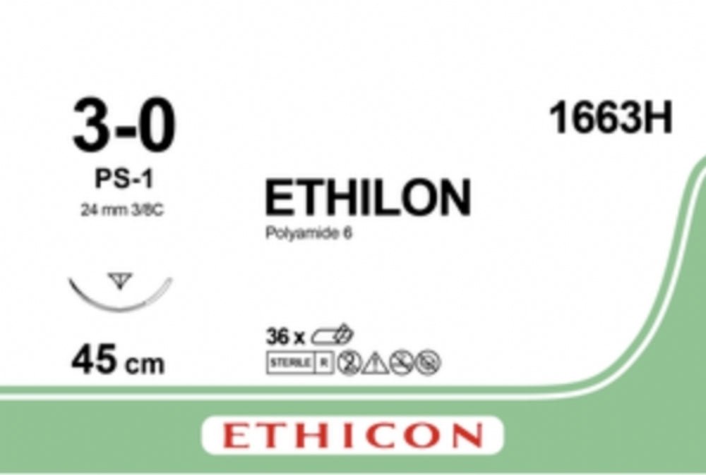Ethicon ETHILON Black Monofilament Non - Absorbable Surgical Suture USP 3 - 0 18 in (45 cm) Black PS - 1 Prime Reverse Cutting Needle 24 mm 3/8 Circle 1663H (Box of 36) - 1663H