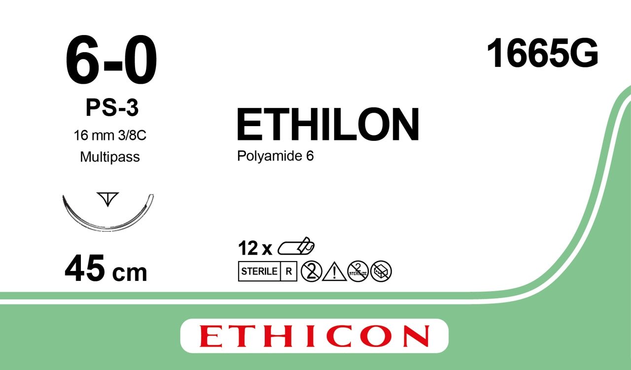 Ethicon ETHILON Black Monofilament Non - Absorbable Surgical Suture USP 6 - 0 18 in (45 cm) Black PS - 3 Prime Reverse Cutting Needle 13 mm 3/8 Circle 1665G (Box of 12) - 1665G