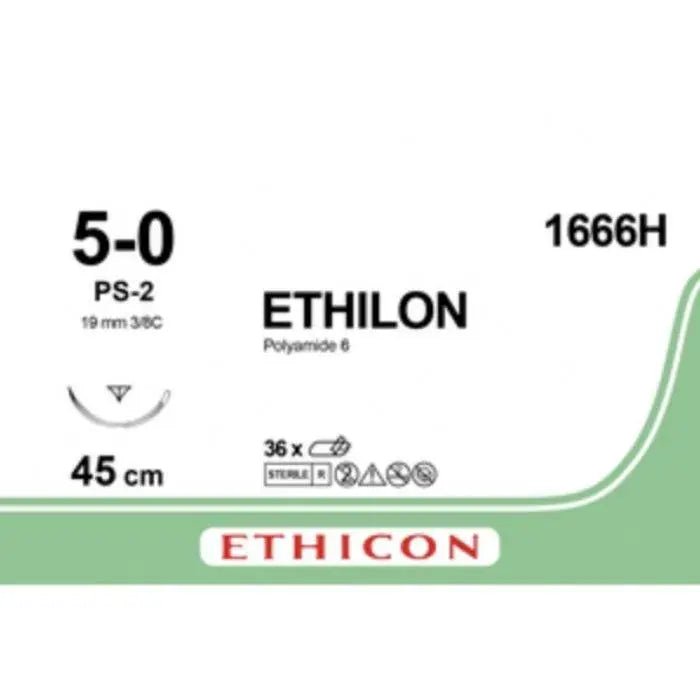 Ethicon ETHILON™ Black Monofilament Non - Absorbable Surgical Suture | USP 5 - 0 | 18 in (45 cm) | Black | PS - 2 Prime Reverse Cutting Needle 19 mm | 3/8 Circle | 1666H (Box of 36) - Suture1666H