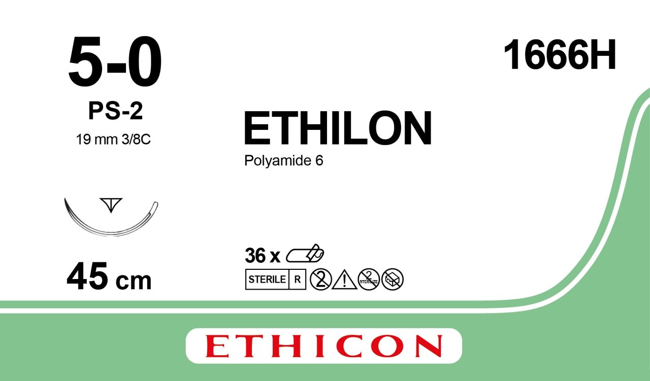 Ethicon ETHILON Black Monofilament Non - Absorbable Surgical Suture USP 5 - 0 18 in (45 cm) Black PS - 2 Prime Reverse Cutting Needle 19 mm 3/8 Circle 1666H (Box of 36) - 1666H