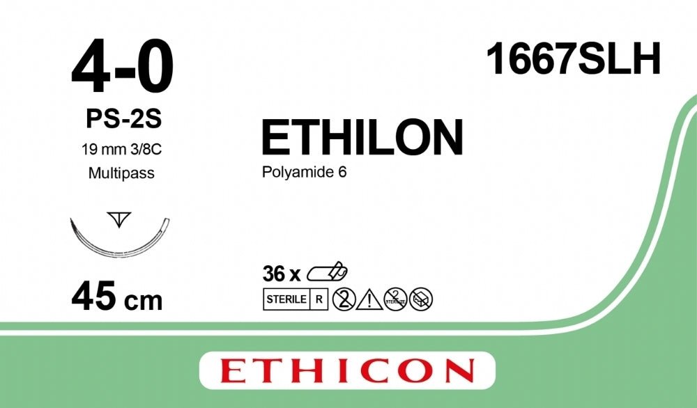 Ethicon ETHILON Black Monofilament Non - Absorbable Surgical Suture USP 4 - 0 18 in (45 cm) Black PS - 2S Prime Reverse Cutting Needle 19 mm 3/8 Circle 1667SLH (Box of 36) - 1667SLH