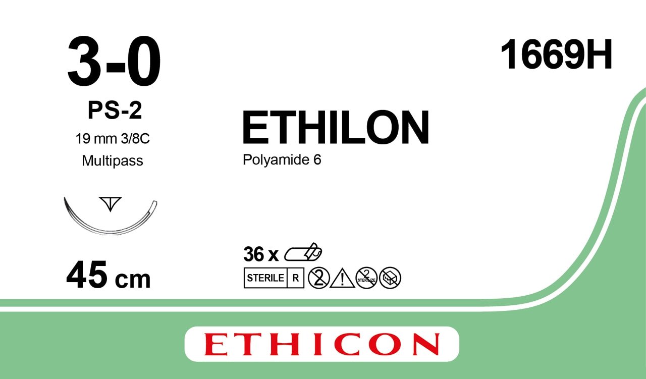 Ethicon ETHILON Black Monofilament Non - Absorbable Surgical Suture USP 3 - 0 18 in (45 cm) Black PS - 2 Prime Reverse Cutting Needle 19 mm 3/8 Circle 1669H (Box of 36) - 1669H
