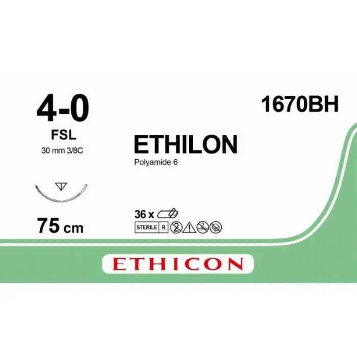 Ethicon ETHILON™ Black Monofilament Non - Absorbable Surgical Suture | USP 4 - 0 | 30 in (75 cm) | Black | FSL Reverse Cutting Needle 19 mm | 3/8 Circle | 1670BH (Box of 36) - Suture1670BH