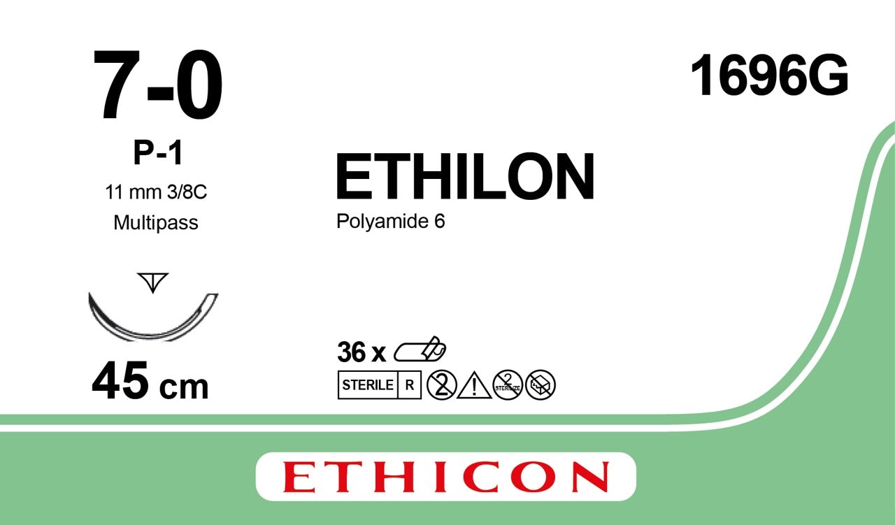 Ethicon ETHILON Black Monofilament Non - Absorbable Surgical Suture USP 7 - 0 18 in (45 cm) Black P - 1 Prime Cutting Needle 11 mm 3/8 Circle 1696G (Box of 12) - 1696G