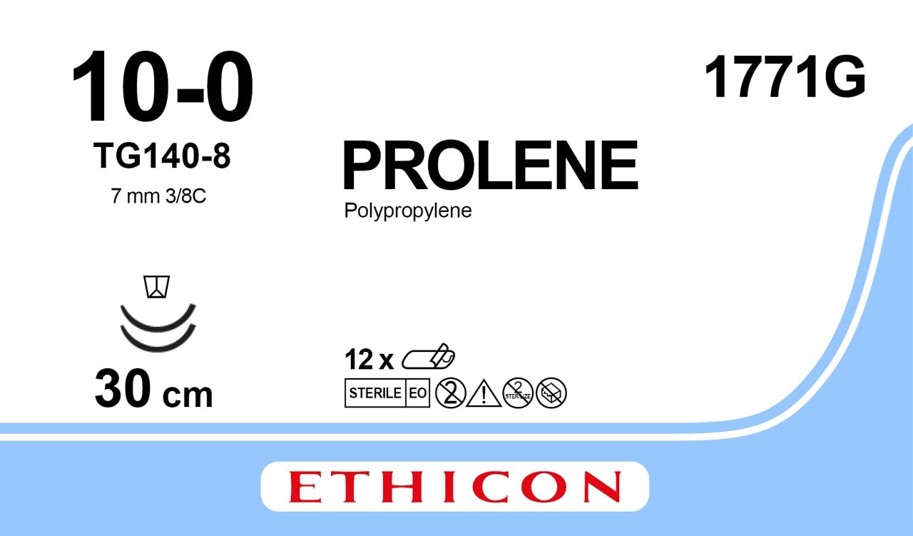 Ethicon PROLENE Polypropylene Blue Non - Absorbable Microsurgical Suture USP 10 - 0 30 cm (12 in) Double - Armed TG140 - 8 Cutting Edge Spatula Reverse Needles 1771G (Box of 12) - 1771G