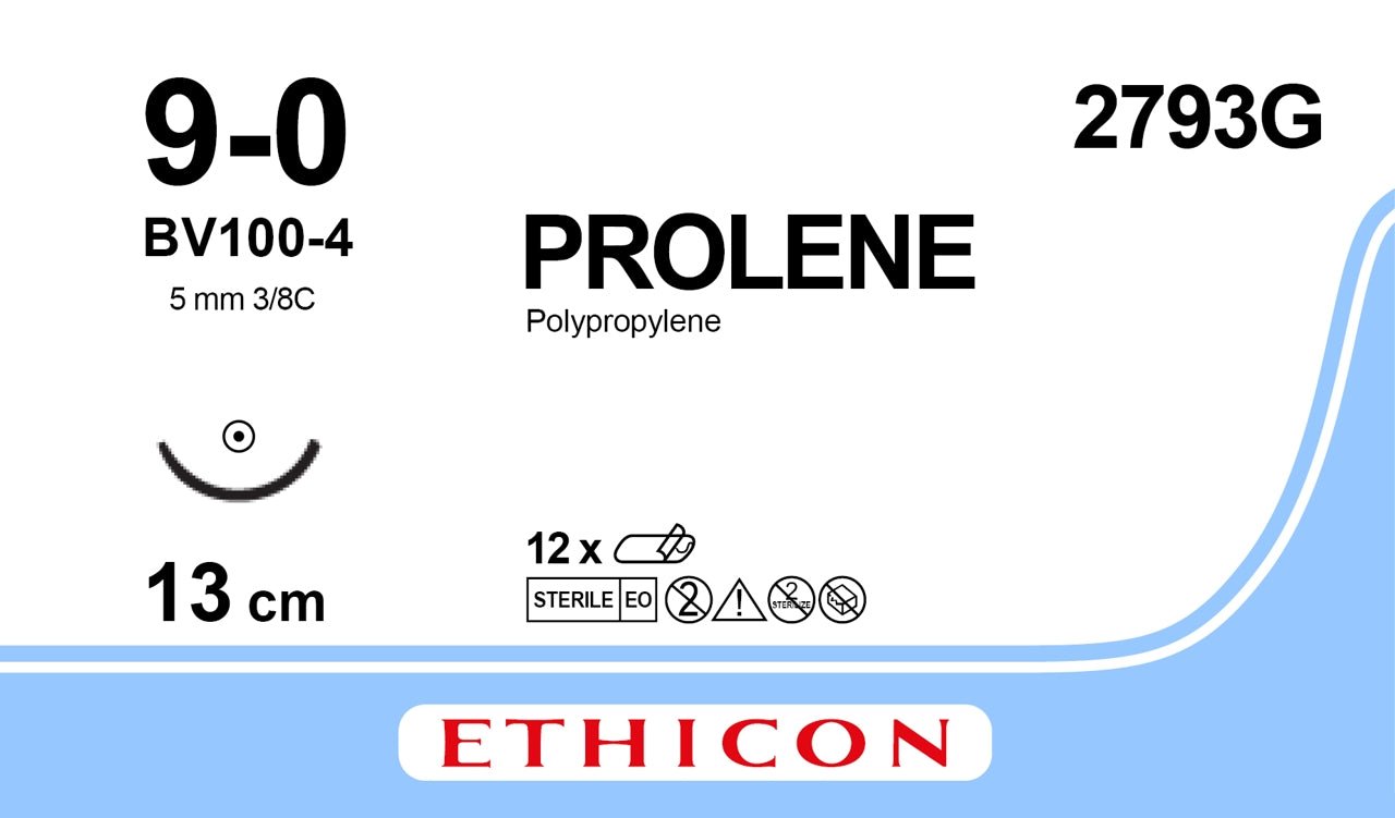 Ethicon PROLENE Polypropylene Blue Non - Absorbable Microsurgical Suture USP 9 - 0 12.7 cm (5 in) BV100 - 4 Taper Point Needle 2793G (Box of 12) - 2793G