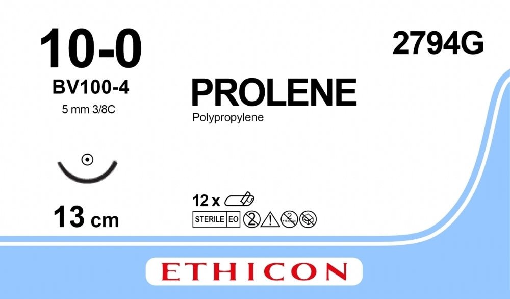 Ethicon PROLENE Polypropylene Blue Non - Absorbable Microsurgical Suture USP 10 - 0 12.7 cm (5 in) BV100 - 4 Taper Point Needle 2794G (Box of 12) - 2794G