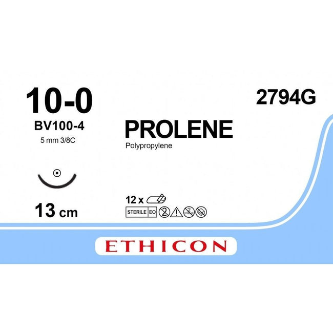 Ethicon PROLENE Polypropylene Blue Non - Absorbable Microsurgical Suture USP 10 - 0 12.7 cm (5 in) BV100 - 4 Taper Point Needle 2794G (Box of 12) - 2794G