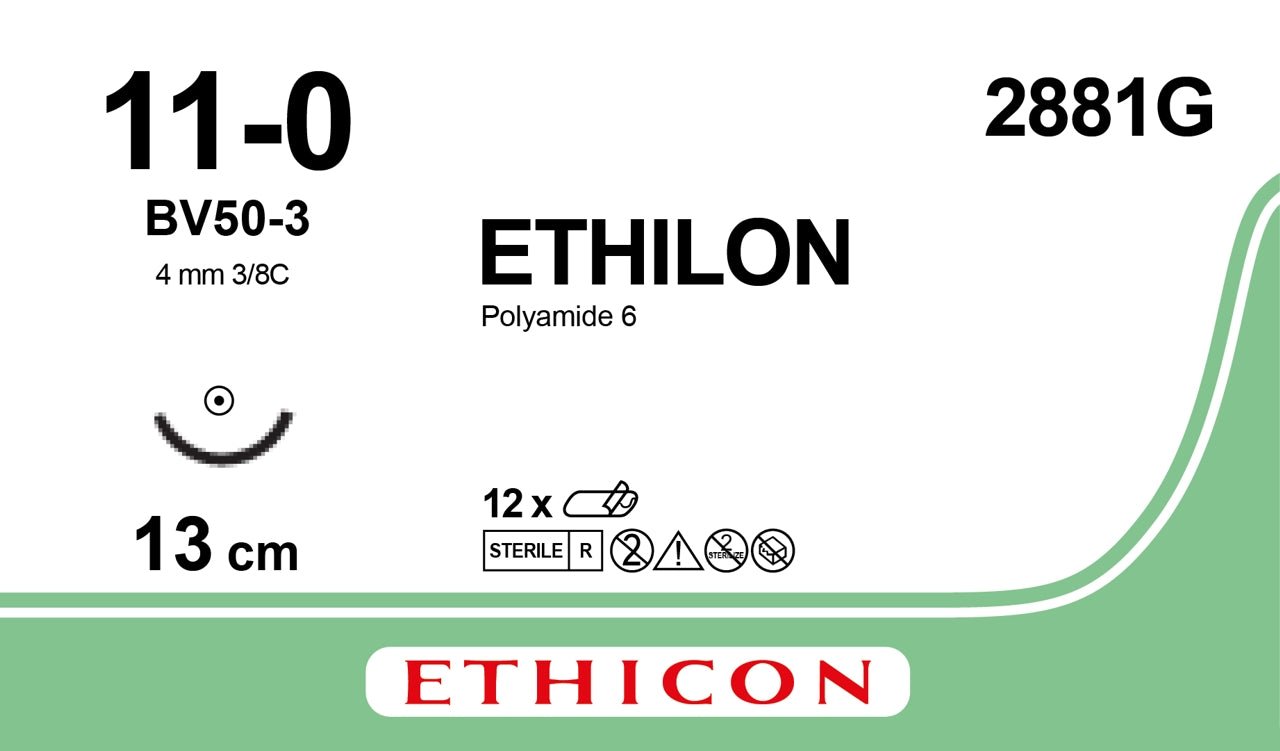Ethicon ETHILON Black Monofilament Non - Absorbable Microsurgical Suture USP 11 - 0 5 in (13 cm) Black BV50 - 3 Taper Point Needle 6.5 mm 3/8 Circle 2881G (Box of 12) - 2881G