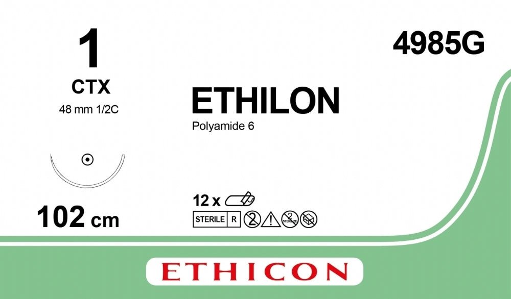 Ethicon ETHILON Black Monofilament Non - Absorbable Surgical Suture USP 1 40 in (100 cm) Black CTX Taper Point Needle 48 mm 1/2 Circle 4985G (Box of 12) - 4985G