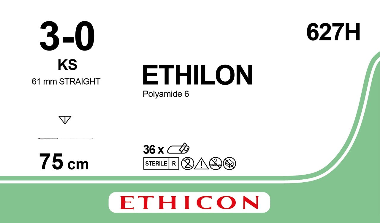 Ethicon ETHILON Black Monofilament Non - Absorbable Surgical Suture USP 3 - 0 30 in (75 cm) Black KS Reverse Cutting Needle 19 mm 3/8 Circle 627H (Box of 36) - 627H