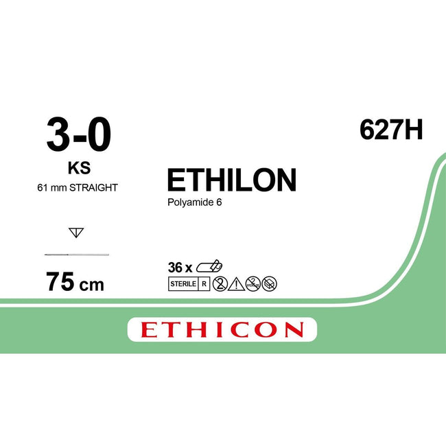 Ethicon ETHILON Black Monofilament Non - Absorbable Surgical Suture USP 3 - 0 30 in (75 cm) Black KS Reverse Cutting Needle 19 mm 3/8 Circle 627H (Box of 36) - 627H