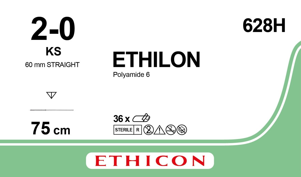 Ethicon ETHILON Black Monofilament Non - Absorbable Surgical Suture USP 2 - 0 30 in (75 cm) Black KS Reverse Cutting Needle 19 mm 3/8 Circle 628H (Box of 36) - 628H