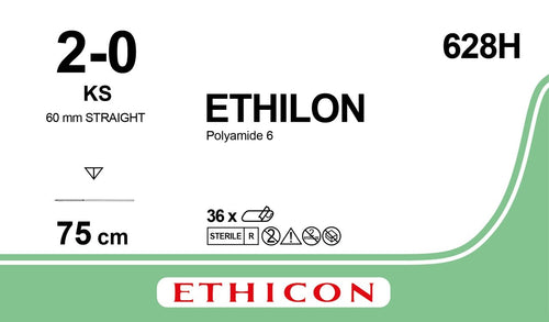 Ethicon ETHILON Black Monofilament Non - Absorbable Surgical Suture USP 2 - 0 30 in (75 cm) Black KS Reverse Cutting Needle 19 mm 3/8 Circle 628H (Box of 36) - 628H