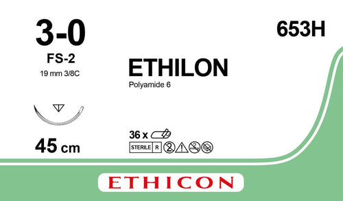 Ethicon ETHILON Black Monofilament Non - Absorbable Surgical Suture USP 3 - 0 18 in (45 cm) Black FS - 2 Reverse Cutting Needle 19 mm 3/8 Circle 653H (Box of 36) - 653H