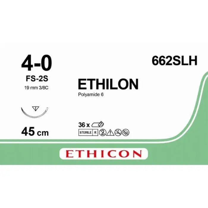 Ethicon ETHILON™ Black Monofilament Non - Absorbable Surgical Suture | USP 4 - 0 | 18 in (45 cm) | Black | FS - 2S Slim Reverse Cutting Needle 19 mm | 3/8 Circle | 662SLH (Box of 36) - Suture662SLH