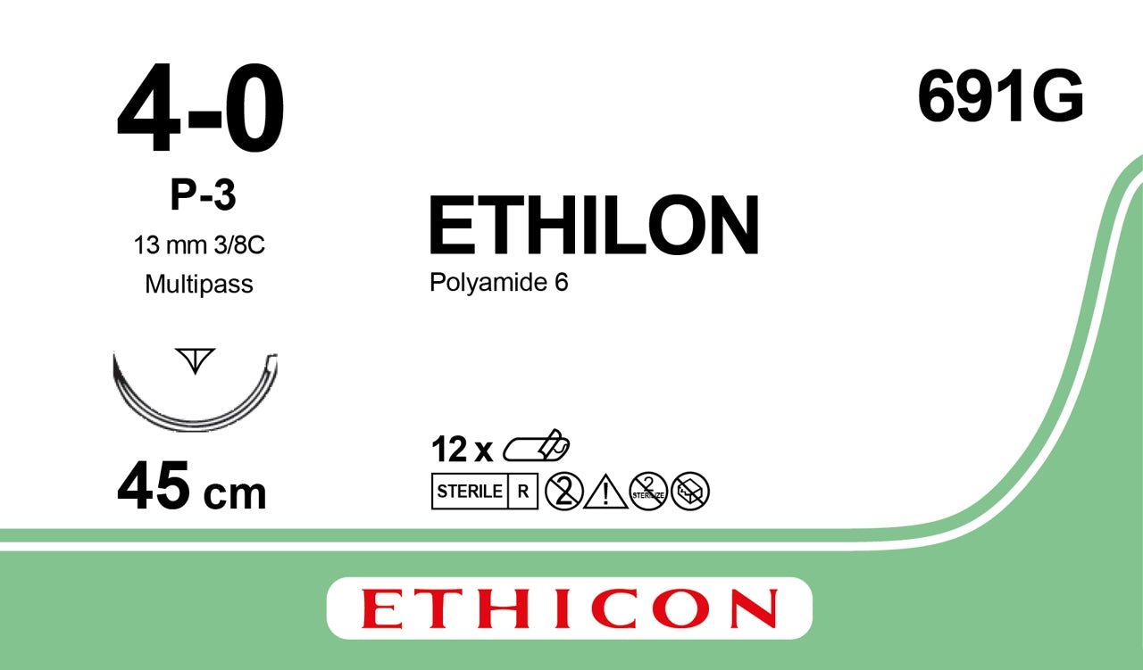 Ethicon ETHILON Clear (Undyed) Monofilament Non - Absorbable Surgical Suture USP 4 - 0 18 in (45 cm) Clear P - 3 Prime Cutting Needle 13 mm 3/8 Circle 691G (Box of 12) - 691G