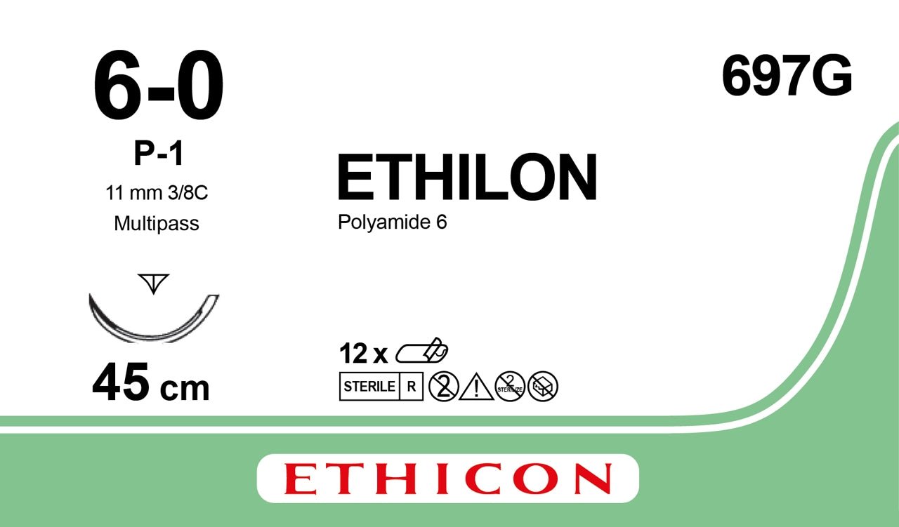 Ethicon ETHILON Black Monofilament Non - Absorbable Surgical Suture USP 6 - 0 18 in (45 cm) Black P - 1 Prime Cutting Needle 11 mm 3/8 Circle 697G (Box of 12) - 697G