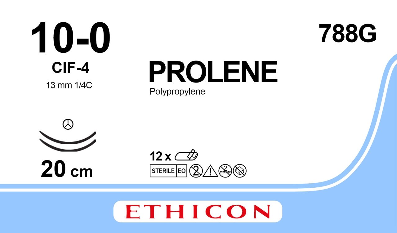 Ethicon PROLENE Polypropylene Blue Non - Absorbable Microsurgical Suture USP 10 - 0 20 cm (8 in) Double - Armed CIF - 4 Tapercut Needles 788G (Box of 12) - 788G