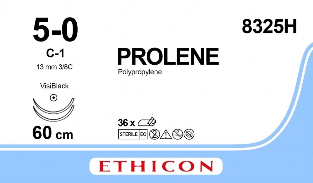 Ethicon PROLENE Polypropylene Blue Non - Absorbable Surgical Suture USP 5 - 0 60 cm (24 in) Double - Armed C - 1 VISI - BLACK Taper Point Needles 8325H (Box of 36) - 8325H