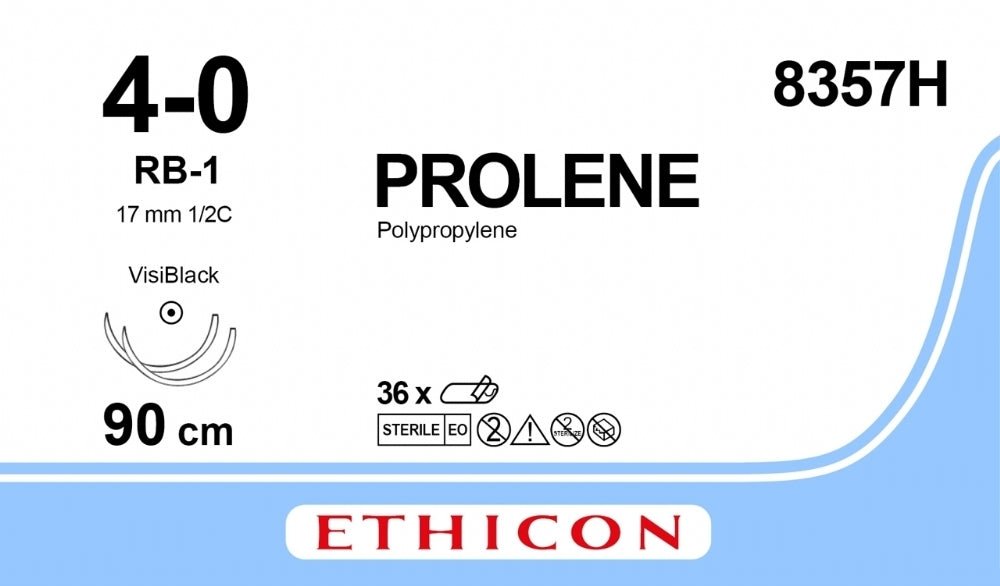 Ethicon PROLENE Polypropylene Blue Non - Absorbable Surgical Suture USP 4 - 0 90 cm (36 in) Double - Armed RB - 1 VISI - BLACK Taper Point Needles 8357H (Box of 36) - 8357H