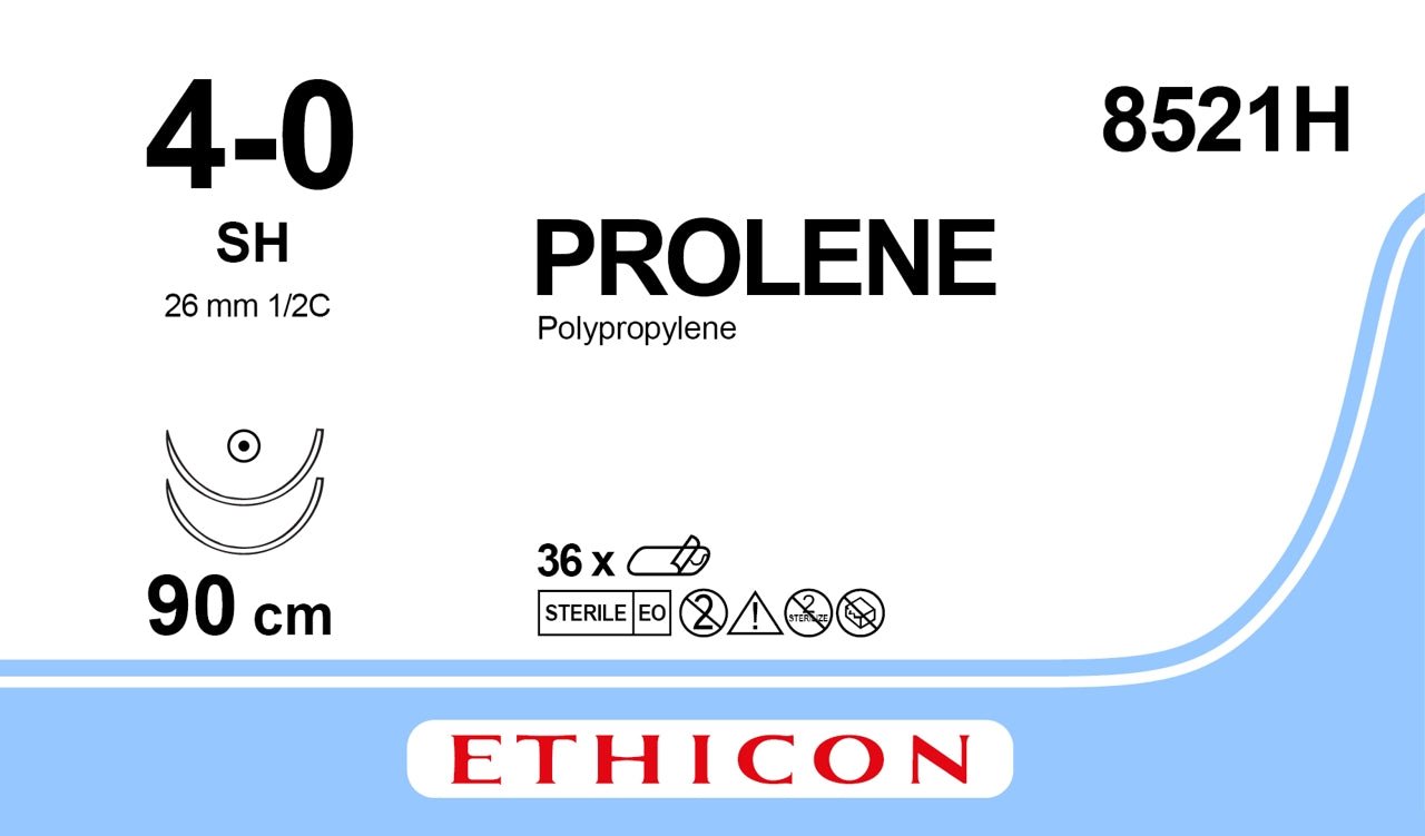 Ethicon PROLENE Polypropylene Blue Non - Absorbable Surgical Suture USP 4 - 0 90 cm (36 in) Double - Armed SH Taper Point Needles 8521H (Box of 36) - 8521H