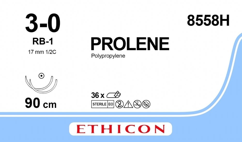 Ethicon PROLENE Polypropylene Blue Non - Absorbable Surgical Suture USP 3 - 0 90 cm (36 in) Double - Armed RB - 1 Taper Point Needles 8558H (Box of 36) - 8558H