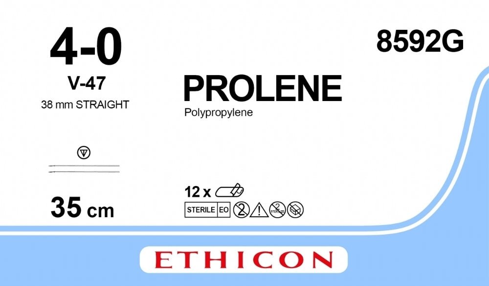 Ethicon PROLENE Polypropylene Blue Non - Absorbable Surgical Suture USP 4 - 0 35 cm (14 in) Double - Armed V - 47 Tapercut Needles 8592G (Box of 12) - 8592G