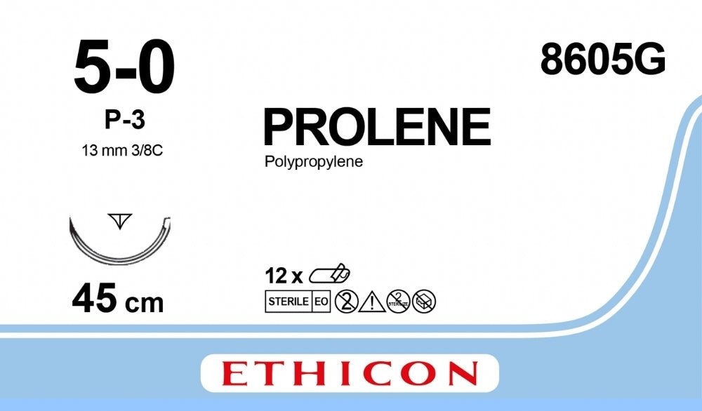 Ethicon PROLENE Polypropylene Undyed Non - Absorbable Surgical Suture USP 5 - 0 45 cm (18 in) P - 3 MULTIPASS Prime Reverse Cutting Needle 8605G (Box of 12) - 8605G