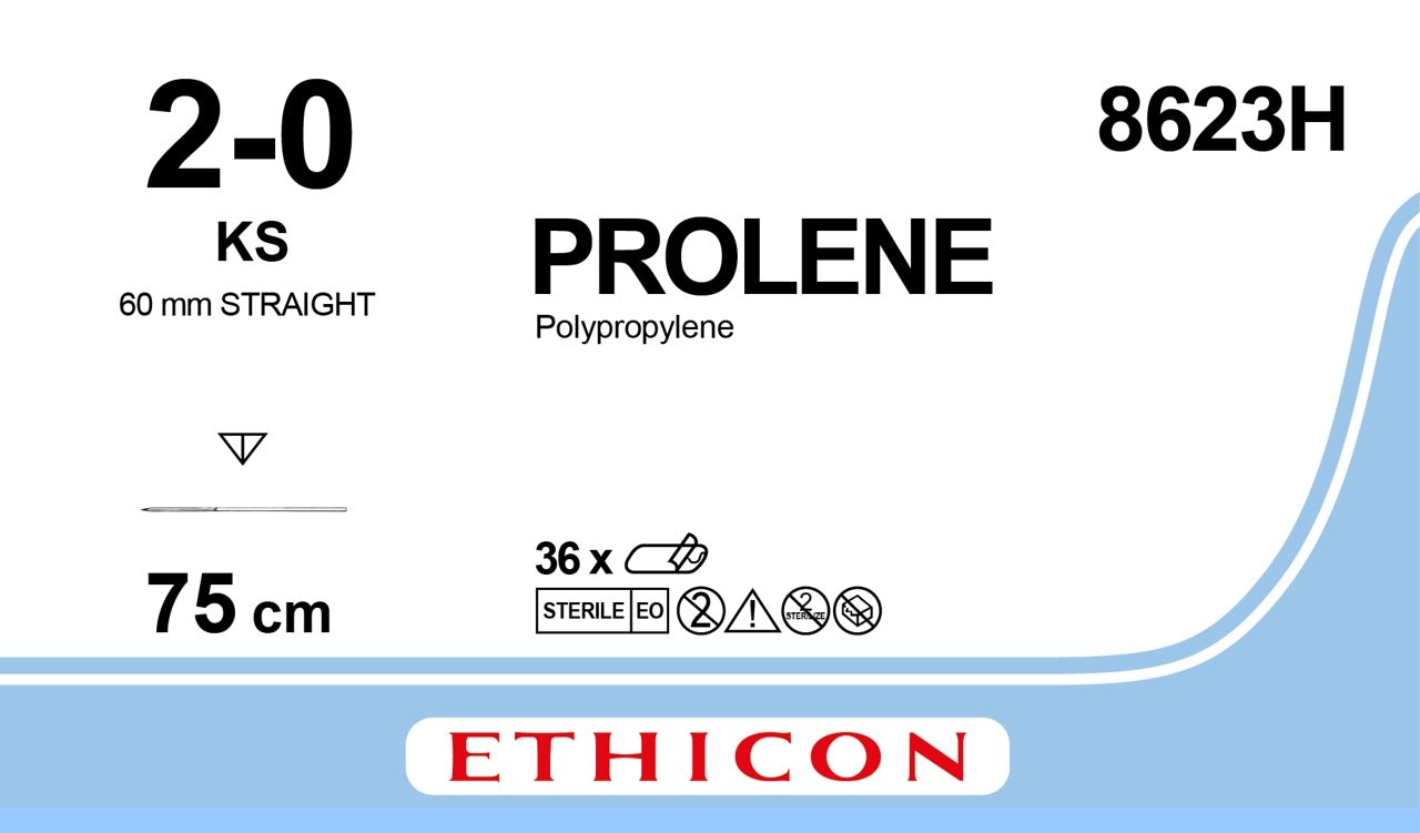 Ethicon PROLENE Polypropylene Blue Non - Absorbable Surgical Suture USP 2 - 0 75 cm (30 in) KS Reverse Cutting Needle 8623H (Box of 36) - 8623H