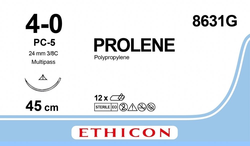 Ethicon PROLENE Polypropylene Blue Non - Absorbable Surgical Suture USP 4 - 0 45 cm (18 in) PC - 5 MULTIPASS Prime Conventional Cutting Needle 8631G (Box of 12) - 8631G