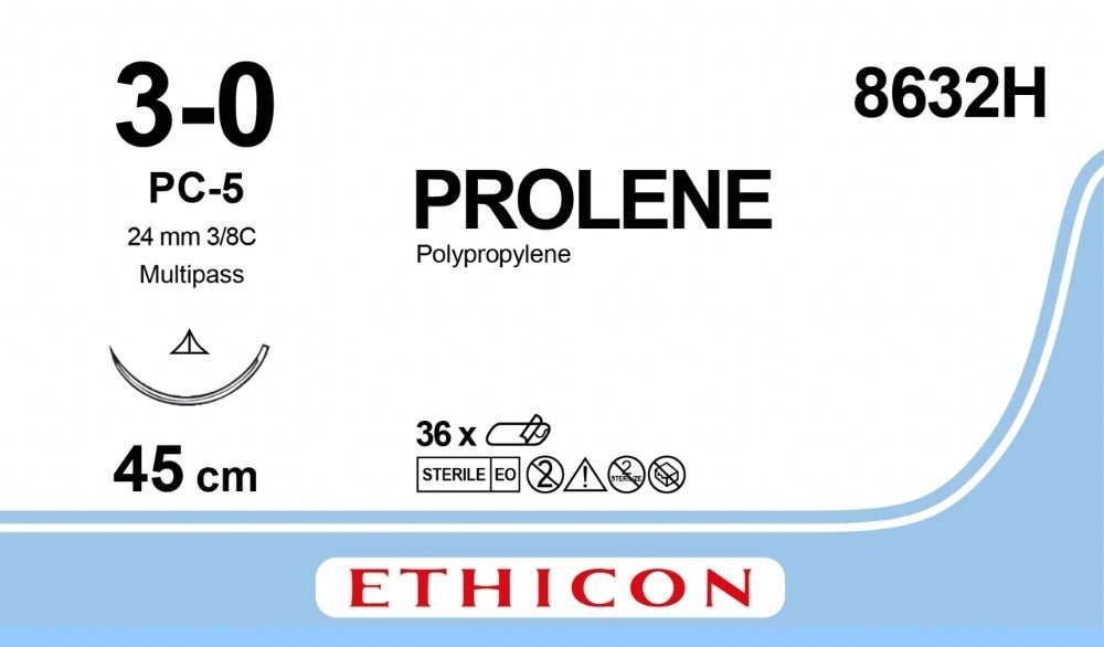 Ethicon PROLENE Polypropylene Blue Non - Absorbable Veterinary Surgical Suture USP 3 - 0 45 cm PC - 5 PRIME MULTIPASS Conventional Cutting Needle 8632H (Box of 36) - 8632H