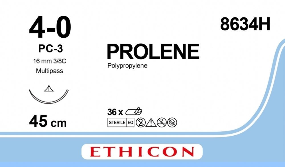 Ethicon PROLENE Polypropylene Blue Non - Absorbable Veterinary Surgical Suture USP 4 - 0 45 cm PC - 3 PRIME MULTIPASS Conventional Cutting Needle 8634H (Box of 36) - 8634H