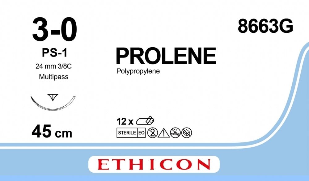 Ethicon PROLENE Polypropylene Blue Non - Absorbable Surgical Suture USP 3 - 0 45 cm (18 in) PS - 1 MULTIPASS Prime Reverse Cutting Needle 8663G (Box of 12) - 8663G