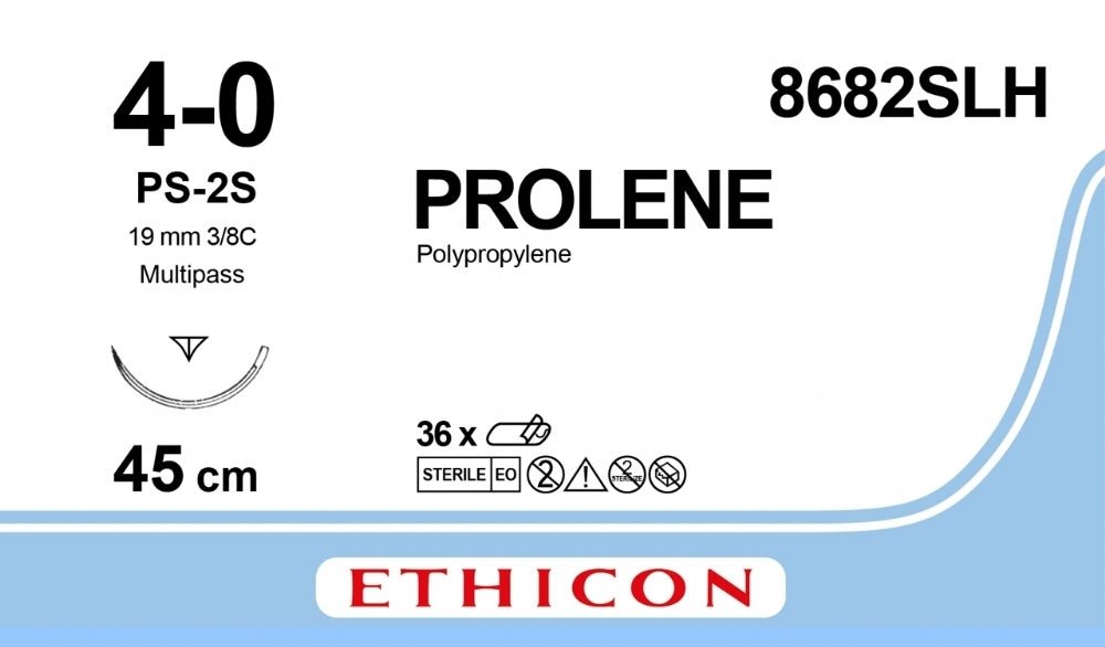 Ethicon PROLENE Polypropylene Blue Non - Absorbable Surgical Suture USP 4 - 0 45 cm PS - 2S PRIME MULTIPASS Reverse Cutting Needle 8682SLH (Box of 36) - 8682SLH