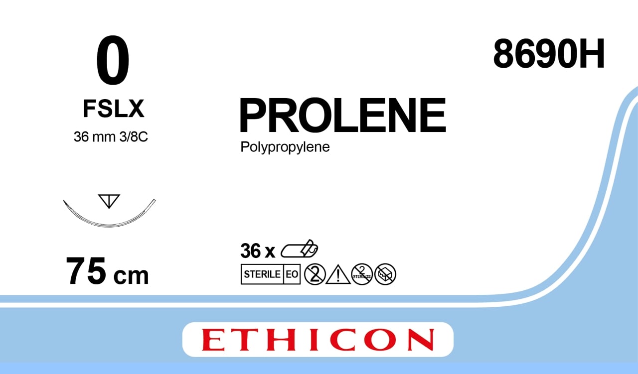 Ethicon PROLENE Polypropylene Blue Non - Absorbable Surgical Suture USP 0 75 cm (30 in) FSLX Reverse Cutting Needle 8690H (Box of 36) - 8690H