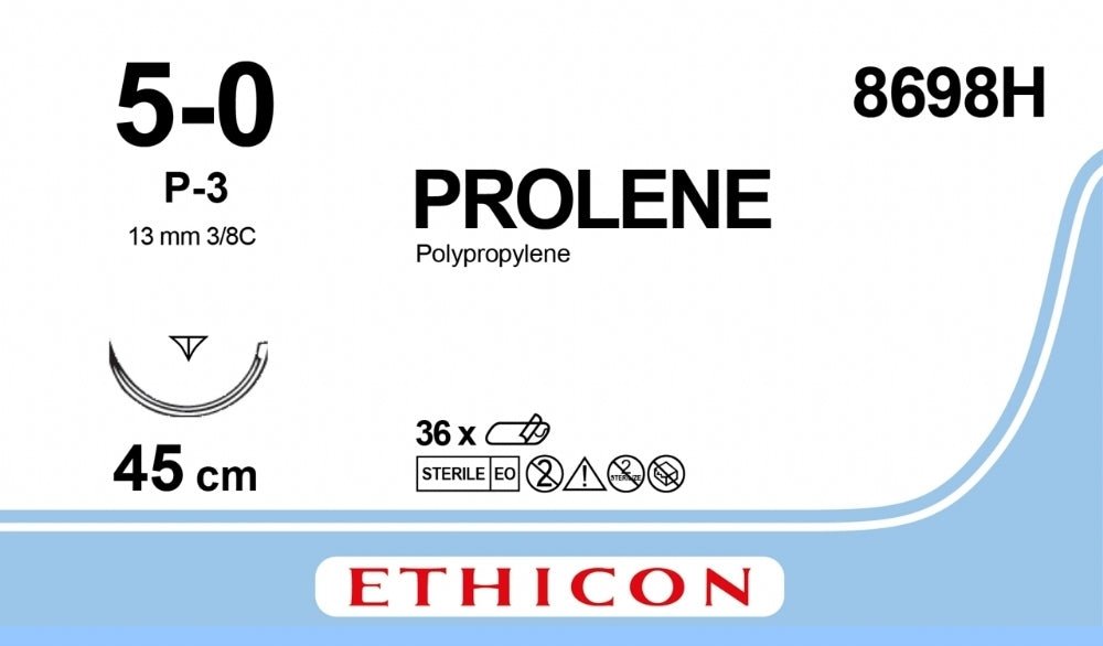 Ethicon PROLENE Polypropylene Blue Non - Absorbable Surgical Suture USP 5 - 0 45 cm P - 3 PRIME Reverse Cutting Needle 8698H (Box of 36) - 8698H