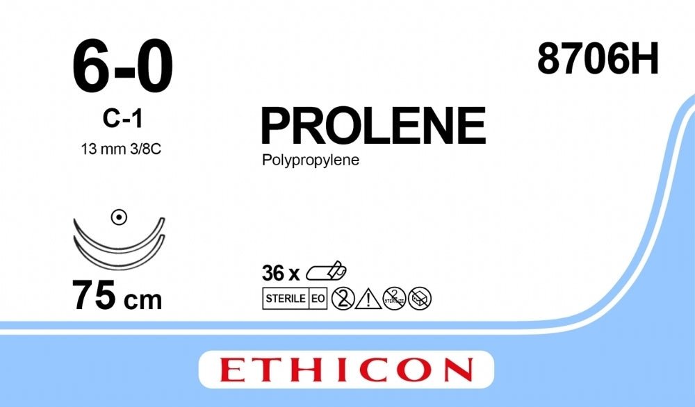 Ethicon PROLENE Polypropylene Blue Non - Absorbable Surgical Suture USP 6 - 0 75 cm (30 in) Double - Armed C - 1 Taper Point Needles 8706H (Box of 36) - 8706H