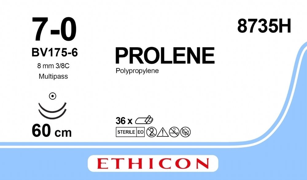 Ethicon PROLENE Polypropylene Blue Non - Absorbable Surgical Suture USP 7 - 0 60 cm (24 in) Double - Armed BV175 - 6 MULTIPASS Taper Point Needles 8735H (Box of 36) - 8735H