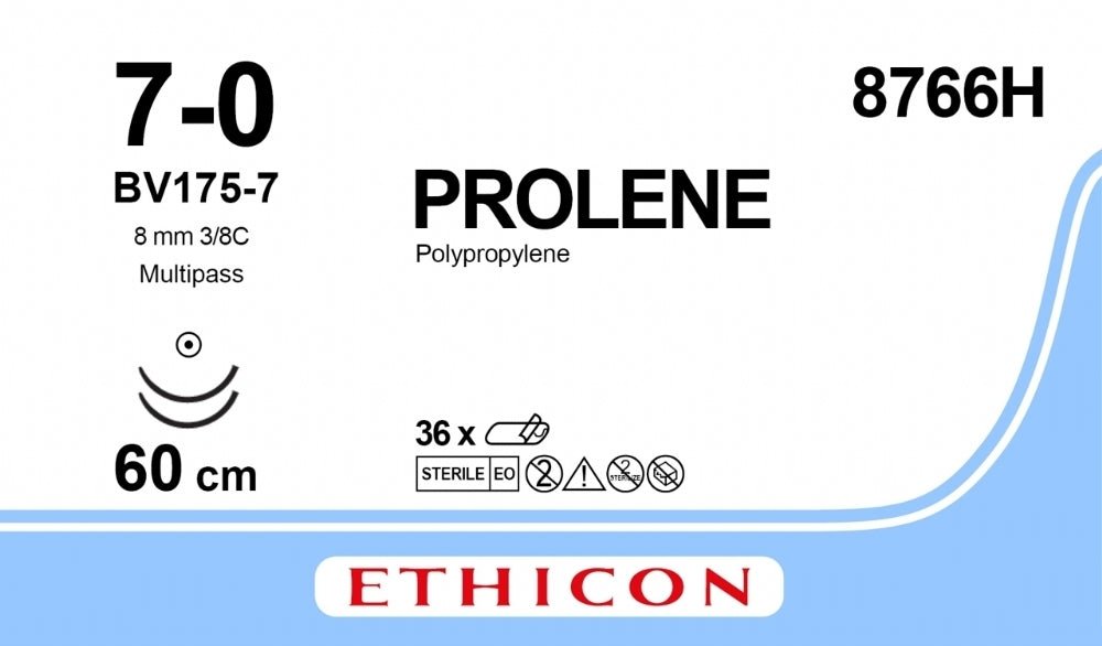 Ethicon PROLENE Polypropylene Blue Non - Absorbable Surgical Suture USP 7 - 0 60 cm (24 in) Double - Armed BV175 - 7 MULTIPASS Taper Point Needles 8766H (Box of 36) - 8766H