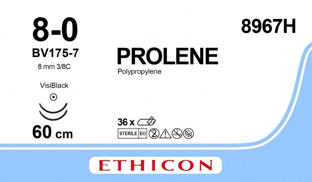 Ethicon PROLENE Polypropylene Blue Non - Absorbable Veterinary Surgical Suture USP 8 - 0 60 cm Double - Armed BV175 - 7 VISI - BLACK Control Release Taper Point Needles 8967H (Box of 36) - 8967H