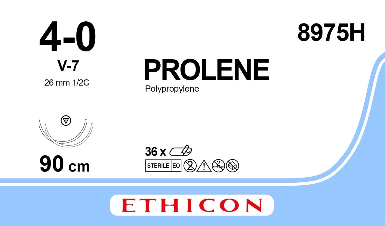 Ethicon PROLENE Polypropylene Blue Non - Absorbable Surgical Suture USP 4 - 0 90 cm (36 in) Double - Armed V - 7 Tapercut Needles 8975H (Box of 36) - 8975H