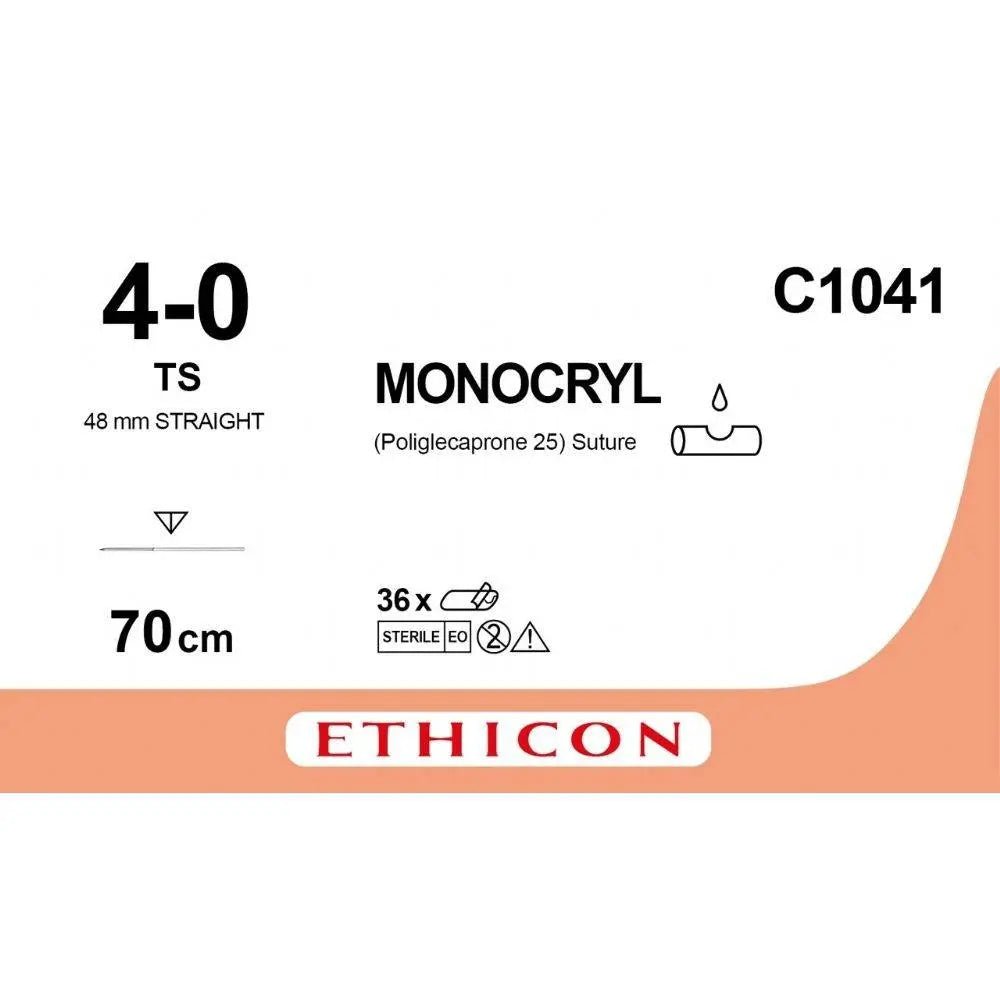 Ethicon MONOCRYL Poliglecaprone 25 Absorbable Monofilament Surgical Suture – USP 4 - 0 – 70 cm – Undyed – Single - Armed Reverse Cutting Straight Needle 48 mm – C1041 (Box of 36) Size: 4 - 0 Colour: Undyed Style: cutting - SutureC1041