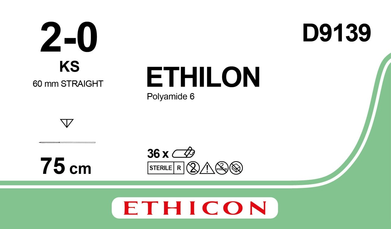 Ethicon ETHILON Clear (Undyed) Monofilament Non - Absorbable Surgical Suture USP 2 - 0 30 in (75 cm) Clear KS Reverse Cutting Needle 19 mm 3/8 Circle D9139 (Box of 36) - D9139