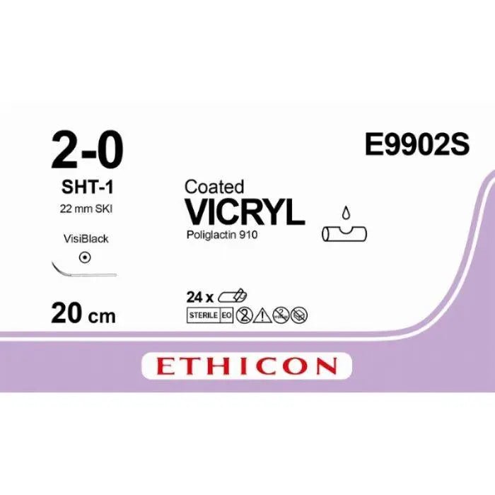 Ethicon VICRYL Polyglactin 910 Braided Absorbable Surgical Suture – USP 2 - 0 – 20 cm – Violet – Single - Armed Taper Point Needle 22 mm, Ski – E9902S (Box of 24) Size: 2 - 0 Colour: Violet - Medical SutureE9902S