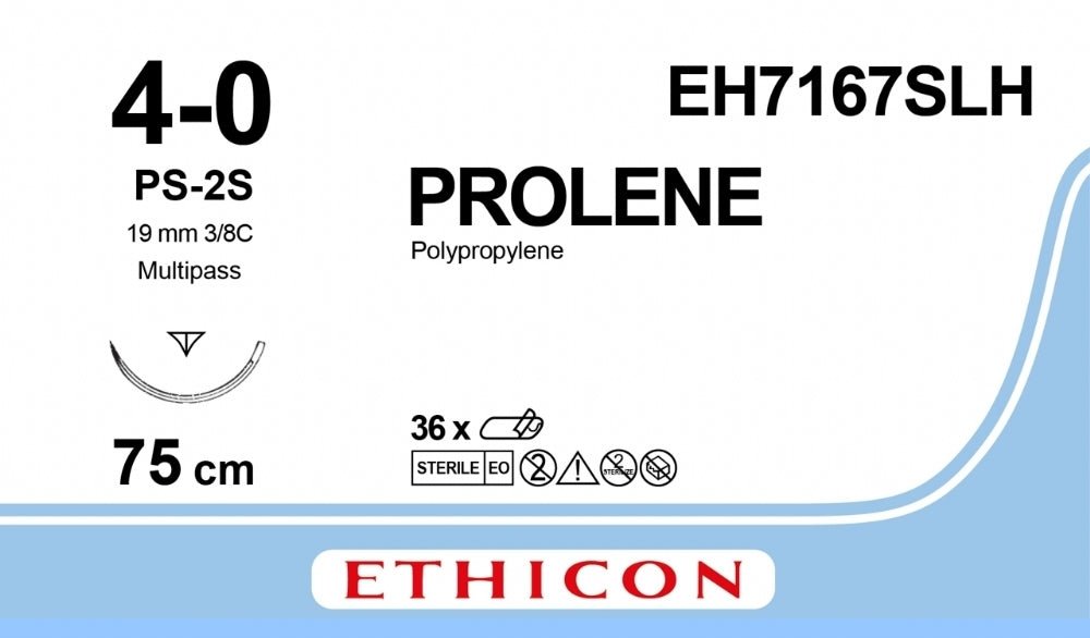 Ethicon PROLENE Polypropylene Blue Non - Absorbable Surgical Suture USP 4 - 0 75 cm PS - 2S PRIME MULTIPASS Reverse Cutting Needle EH7167SLH (Box of 36) - EH7167SLH