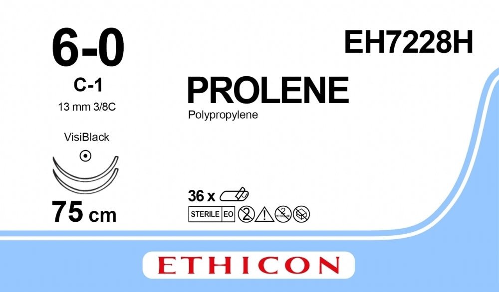 Ethicon PROLENE Polypropylene Blue Non - Absorbable Surgical Suture USP 6 - 0 75 cm Double - Armed C - 1 VISI - BLACK Taper Point Needles EH7228H (Box of 36) - EH7228H