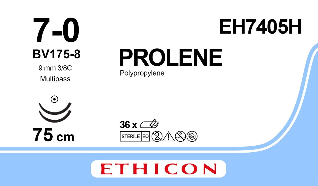 Ethicon PROLENE Polypropylene Blue Non - Absorbable Surgical Suture USP 7 - 0 (Metric 0.5) 75 cm BV175 - 8 Taper Point Needle EH7405H (Box of 36) - EH7405H